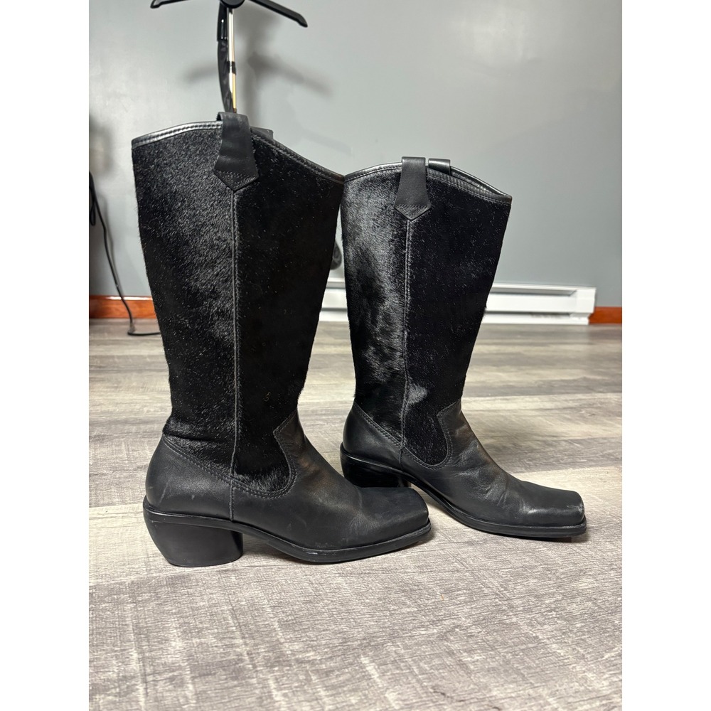 Vintage Black Leather Pony Hair Square Toe Tall Western Boots Size 8M Brazil
